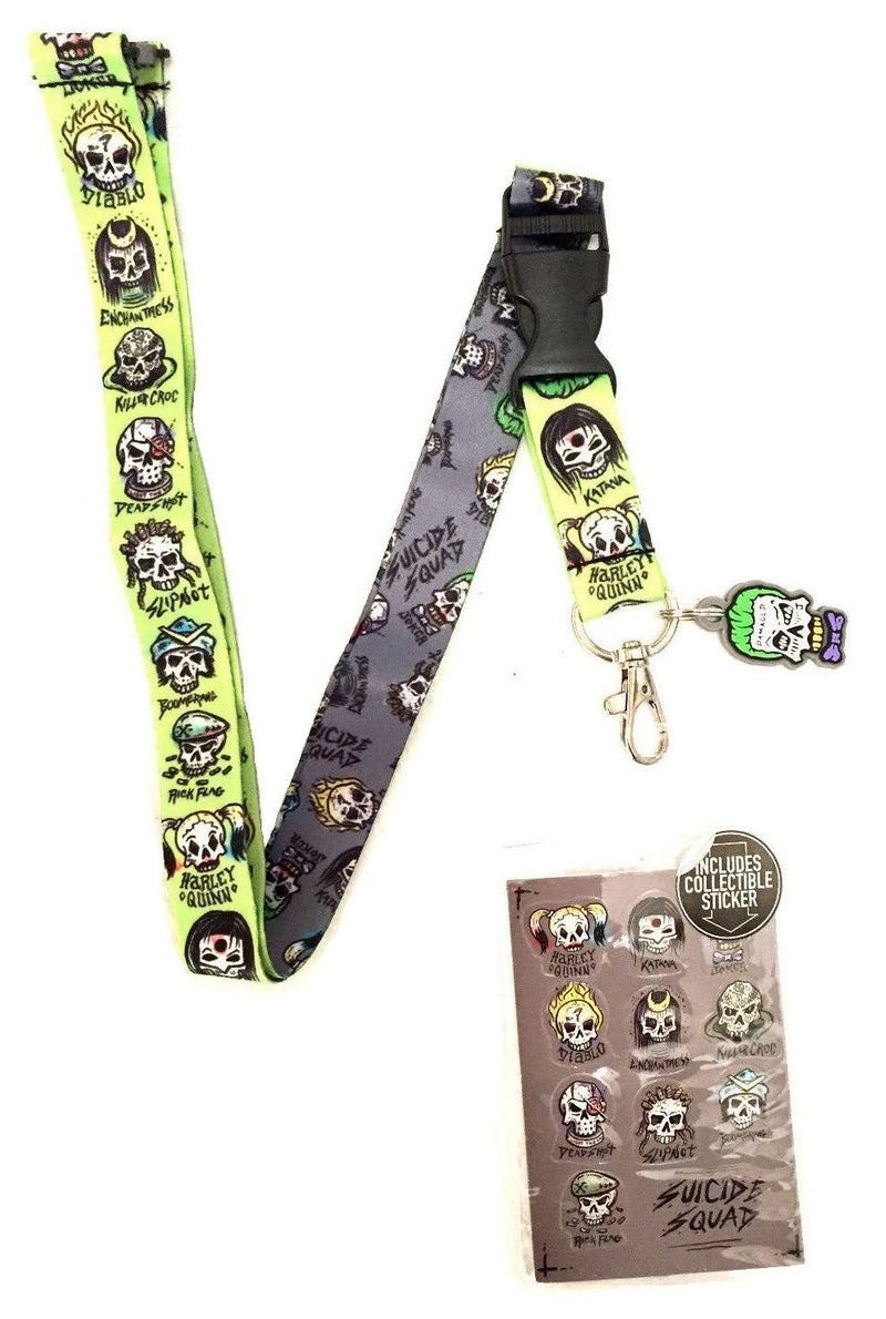 DC Comics Suicide Squad Team Skulls Reversible Breakaway Keychain Lanyard with ID Holder, Joker Rubber Charm and Collectible Sticker