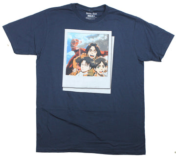 Attack On Titan Mens T-Shirt - Polaroid Main Cast Image With Titan Background