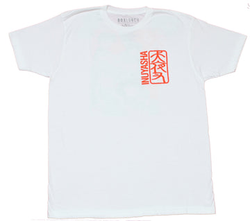Inuyasha Mens T-Shirt -  Kanji Stamp Lapel B & W Orange Group Image Back