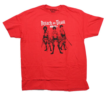 Attack on Titan Mens T-Shirt - Outline Trio Under Name Holding Weapons