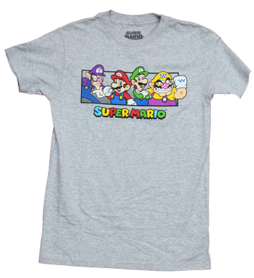 Super Mario Brothers Mens T-Shirt - Mario Luigi Waluigi Wario Boxed Bar