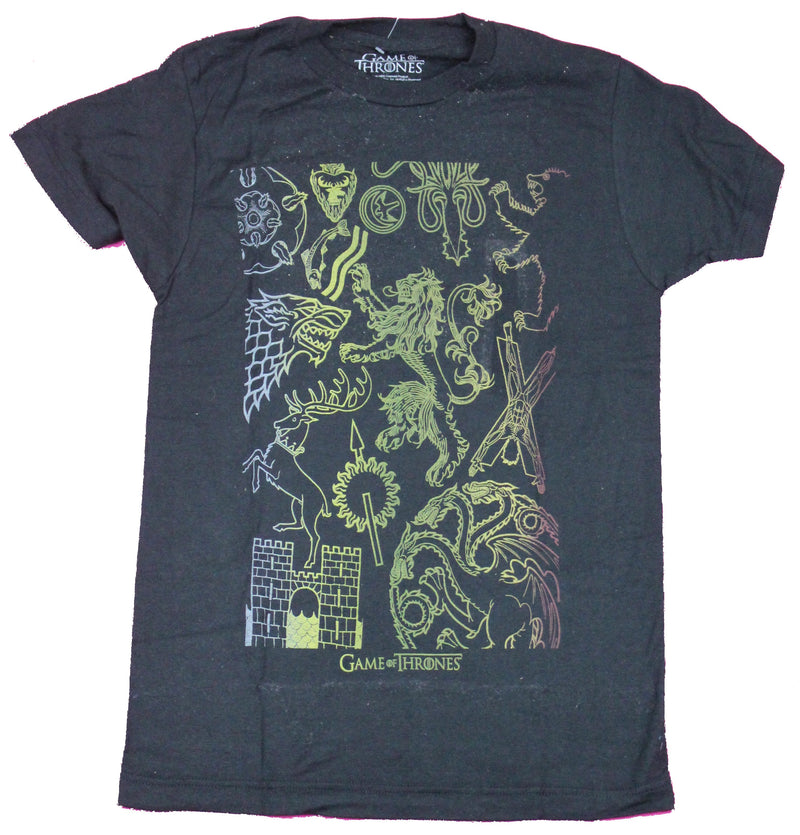 Game of Thrones Mens T-Shirt - Line Drawn Sigils Yellow Gray Red Fade