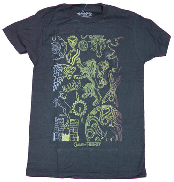 Game of Thrones Mens T-Shirt - Line Drawn Sigils Yellow Gray Red Fade