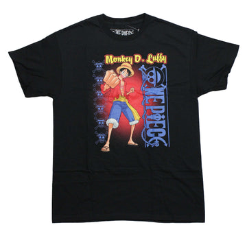 One Piece  Mens T-Shirt - Luffy Fighting Stance Along Repeat Skulls