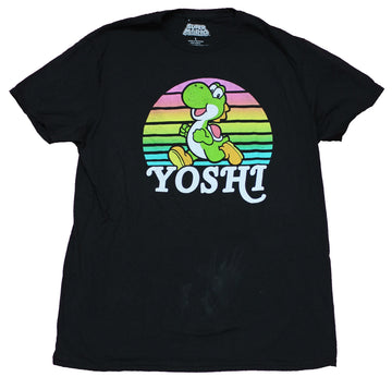 Super Mario Brothers Mens T-Shirt - Yoshi Over Name in Multi Color Circle