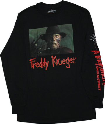 Nightmare on Elm Street Mens Long Sleeve T-Shirt - Freddy in Backdrop Glove