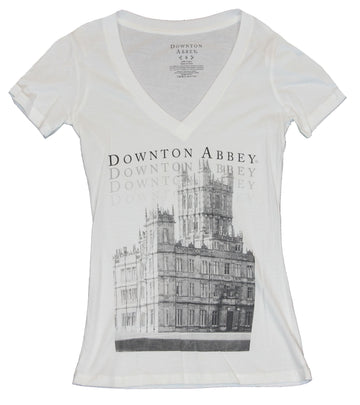 Downton Abbey Girls Juniors V-Neck T-Shirt - Classic Grayscale Downton Image