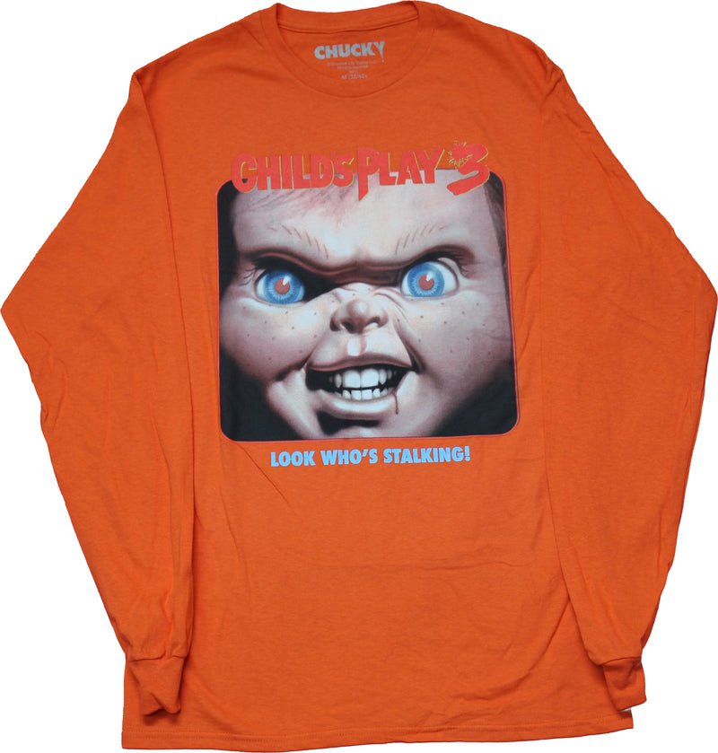 Child's Play Mens Long Sleeve  T-Shirt - Chucky Look Who's Stalking Back Logo