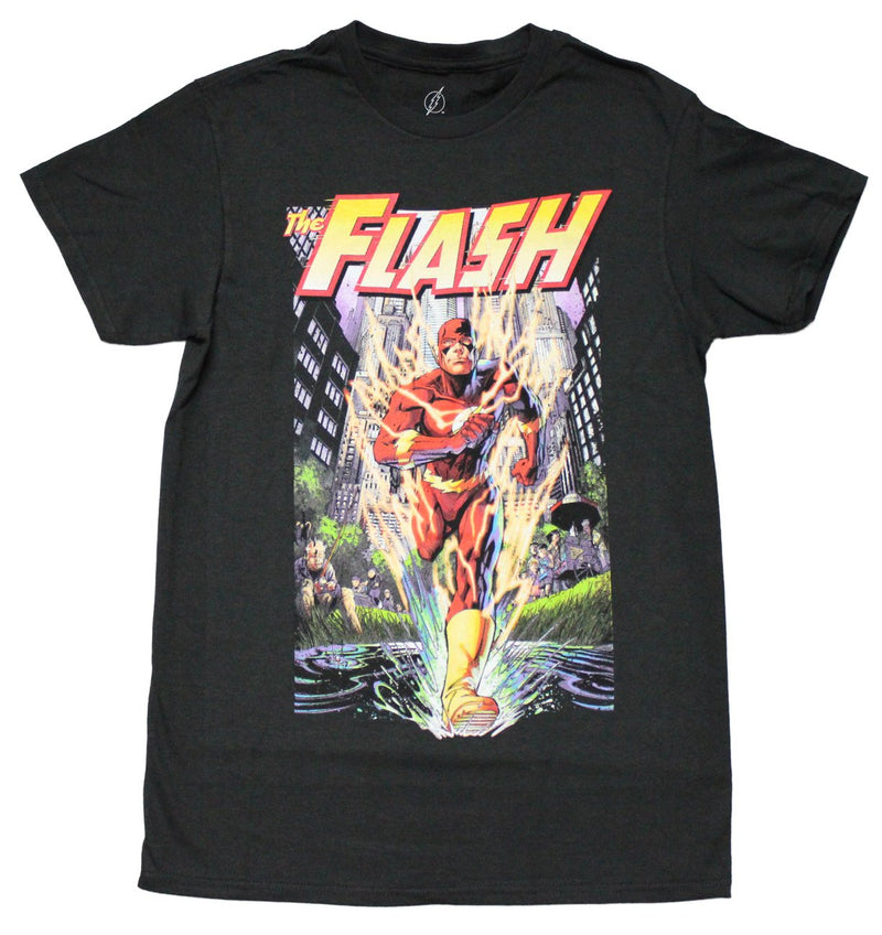 The Flash Mens T-Shirt - Comic Running Through City Past Onlookers - Inmyparentsbasement.com