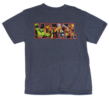 Marvel Comics Mens T-Shirt - Marvel Letter Logo Filled With Heroes Image