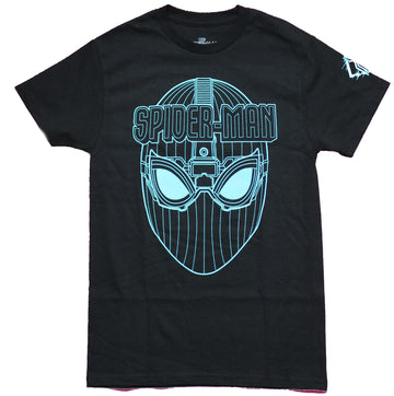 Spider-Man Mens T-Shirt - Stelath Suit Mask Turqouise Lined Face Image