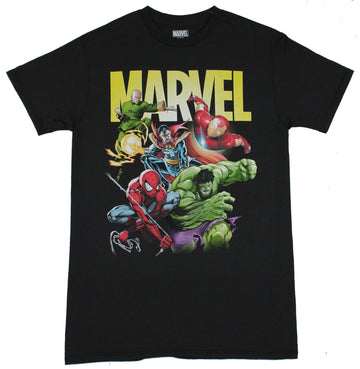 Marvel Comics Mens T-Shirt - Yellow Logo Over Giant Group Image