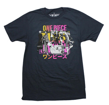 One Piece Mens T-Shirt - Grayscale Cast Over Pink/Yellow Name