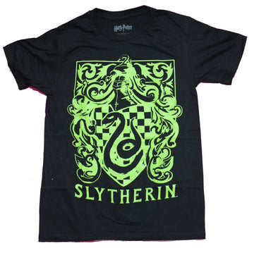 Harry Potter Mens T-Shirt - Slytherin Neon green Checked Crest Over Name