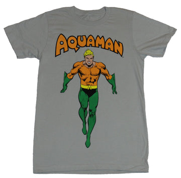 Aquaman (DC Comics) Mens T-Shirt - Jumping Under Name Logo