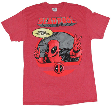 Deadpool (Marvel Comics) Mens T-Shirt - Smell Ya Later Peace Finger Circle Image