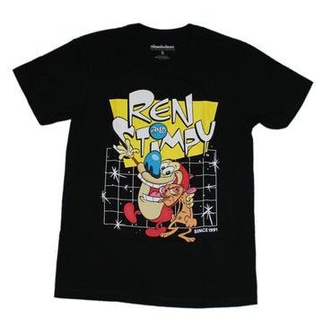 Ren and Stimpy Mens T-Shirt -  Hugging Under Logo on Grid