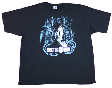 Doctor Who Mens T-Shirt  - 11th Doctor Over A Collage Of Enemies