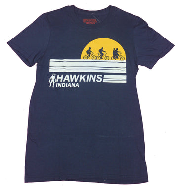 Stranger Things Mens T-Shirt- Moonlit Bike Ride Hawkins Indiana Stripe