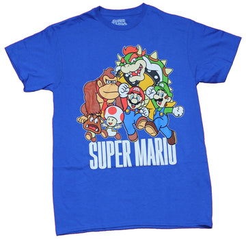 Super Mario Brothers Mens T-Shirt - 6 Character Group Bowser Kong Toad & More