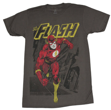 Flash (DC Comics) Mens T-Shirt - Rushing Comic Style Flash Through City Streets
