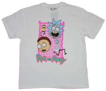 Rick & Morty Mens T-Shirt - Running Big Heads on Pink Grid