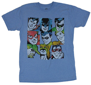 Justice League Mens T-Shirt - Distressed 9 Box Simple Colored Heroes