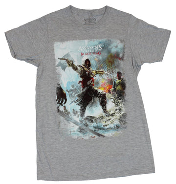 Assassin's Creed Mens T-Shirt - Wielding Double Pistol Black Flag Battle Image