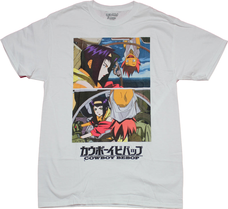 Cowboy Bebop Mens T-Shirt - Ed Dangling Upside Down Over Faye - Inmyparentsbasement.com