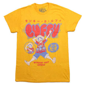 One Piece Mens T-Shirt - Expanded Luffy Logo Holding Hat Straw Hat Crew
