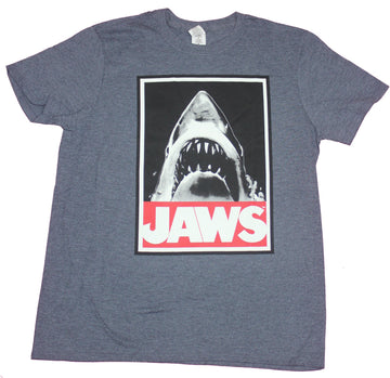 Jaws Mens T-Shirt- Big Mouth Shark Over Red Name Image