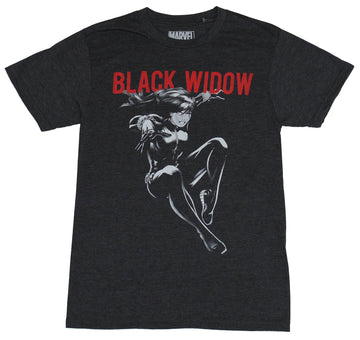 Black Widow (Marvel Comics) Mens T-Shirt - Jumping Under Red Name Image