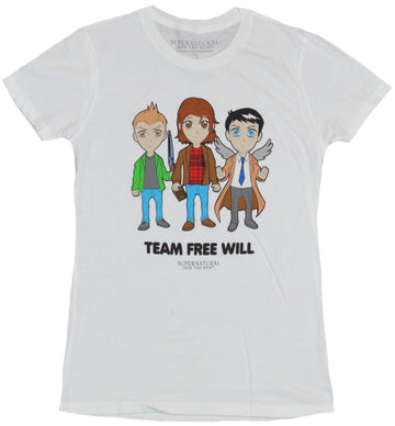 Supernatural Girls Juniors T-Shirt - Team Free Will Cartoon Style Trio Image