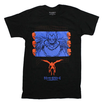 Death Note Mens T-Shirt -Blue Ryuk Centered Between Orange Skulls
