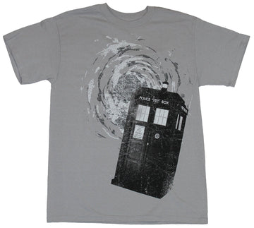 Doctor Who Mens T-Shirt - Swirling Prtal Above Tilted Call Box Tardis Image