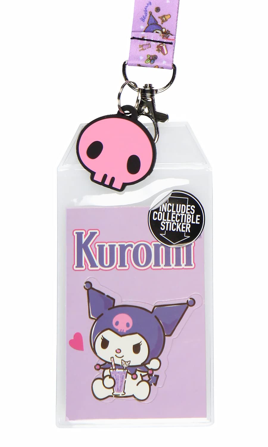 Sanrio Kuromi ID Badge Holder Lanyard w/Rubber Pendant and Collectible Sticker