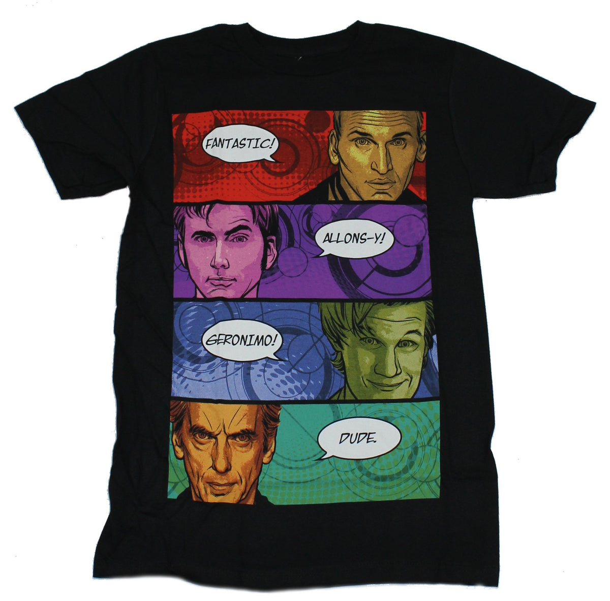 Doctor Who Mens T-Shirt -4 Recent Doctors & Their Comic Catch Phrases ...