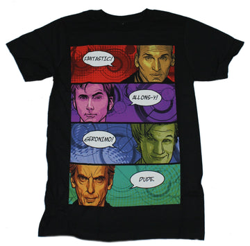 Doctor Who Mens T-Shirt -4 Recent Doctors & Their Comic Catch Phrases