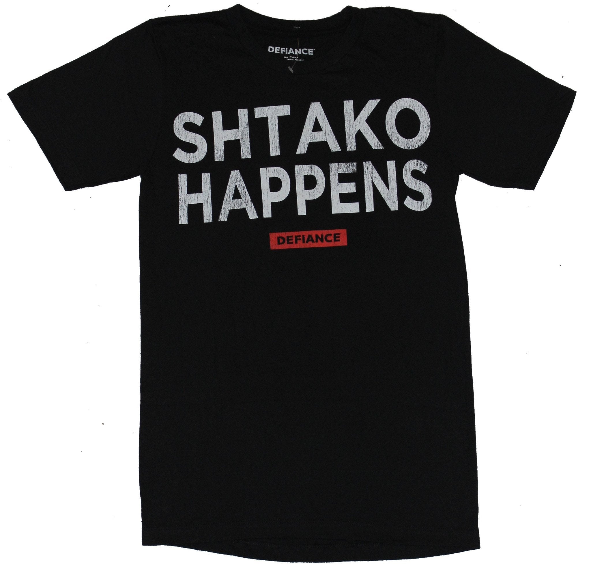 Defiance TV Show Mens T-Shirt - SHTAKO HAPPENS Distressed Block Letter Image