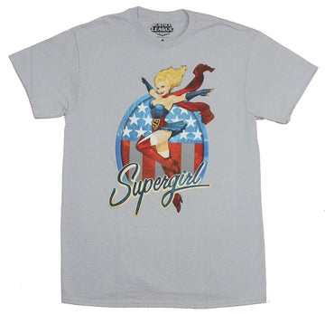 Supergirl Mens T-Shirt - Pin-Up Style Posed Over Flag Circle