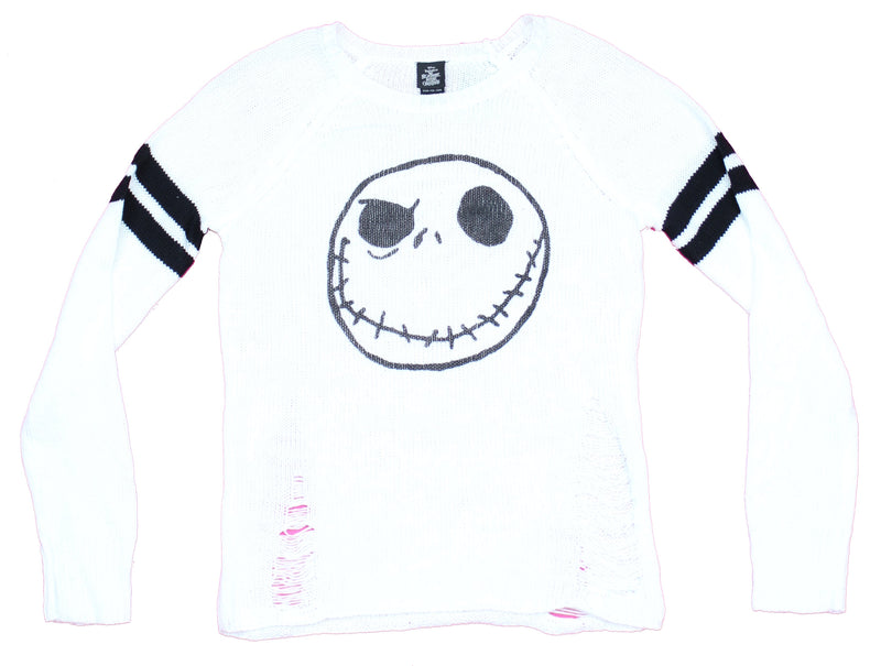 Nightmare Before Christmas Girls Juniors Sweater- Jack Face Distressed Sweater