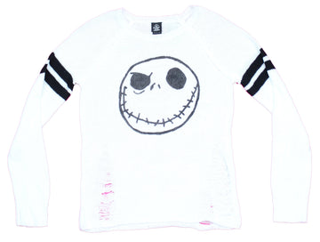 Nightmare Before Christmas Girls Juniors Sweater- Jack Face Distressed Sweater