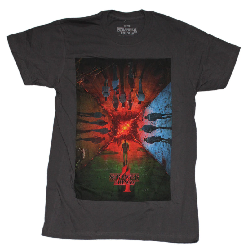 Stranger Things Mens T-Shirt - Group Walking In Fiery Tunnel - Inmyparentsbasement.com
