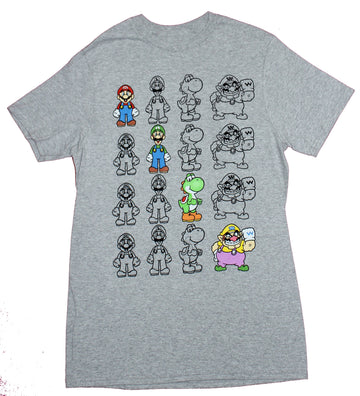 Super Mario Brothers Mens T-Shirt  - 4 Lines Colored & Outlined Characters
