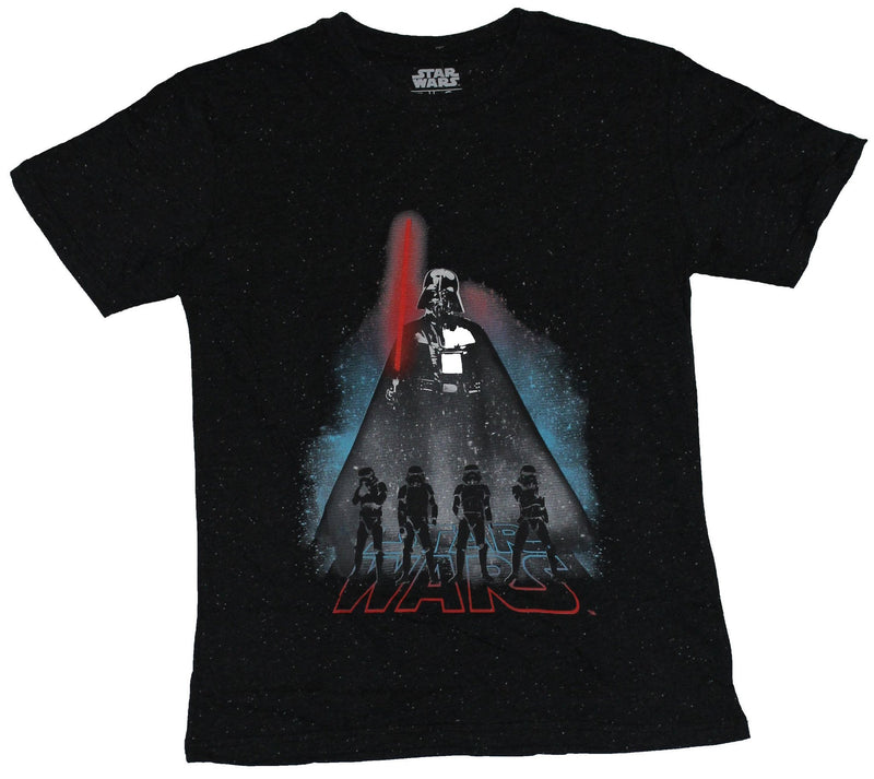Star Wars Mens T-Shirt - Giant Vader Image Over Silhouette of 4 Stormtroopers - Inmyparentsbasement.com