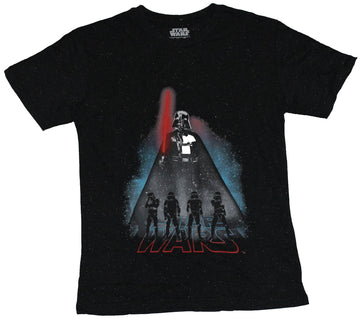 Star Wars Mens T-Shirt - Giant Vader Image Over Silhouette of 4 Stormtroopers
