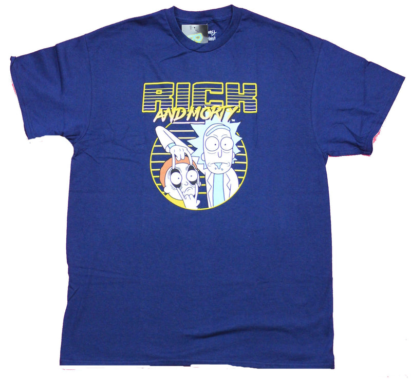 Rick & Morty Mens T-Shirt - 80s Style Logo Rick Holding Morty's Eyes Open - Inmyparentsbasement.com