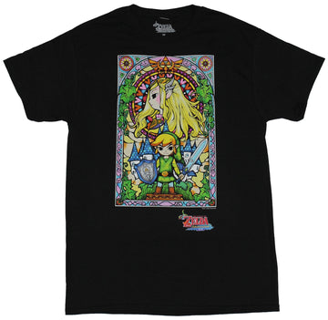 Legend of Zelda Nintendo Mens T-Shirt - Ornate Link Under Zelda Stained Glass