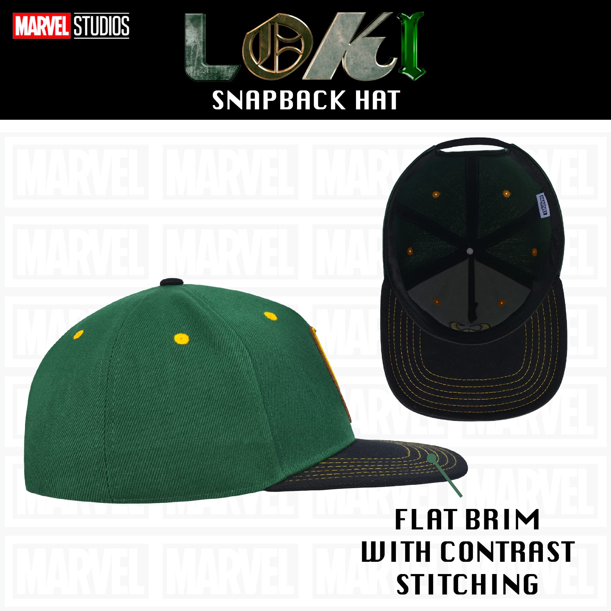 Marvel Loki Baseball Hat, Gold Embroidered Logo Adult Snapback Cap with Flat Brim, Green, One Size