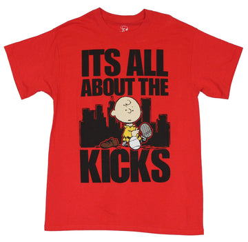 Peanuts Mens T-Shirt - "It's All About The Kicks" Cityscape Charlei Shoe Image